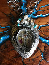 Load image into Gallery viewer, Artisan Jewelry Barbosa Relicario Reliquary Locket Pendant Sacred Heart Cross Crown German Silver Pearl Swarovski Crystal Circle Chain Link Necklace Swarovski Crystal Amber
