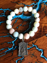 Load image into Gallery viewer, Artisan Jewelry Amazonite Natural Stone Stretch Bracelet Christ the King Our Lady of Mount Carmel Bronze Holy Medal Charm
