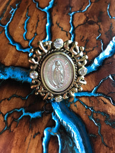 Artisan Jewelry Ala Blanca Our Lady of Guadalupe Medal Large Ring German Silver Tombaga Swarovski Crystal