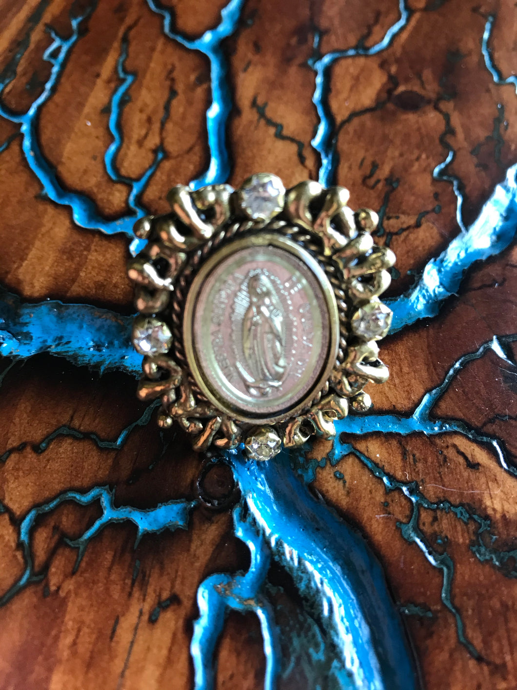 Artisan Jewelry Ala Blanca Our Lady of Guadalupe Medal Large Ring German Silver Tombaga Swarovski Crystal